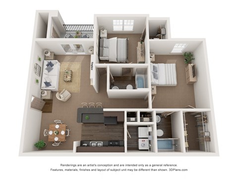 Floor plan for 2 beds, 2 baths, 1063 sqft